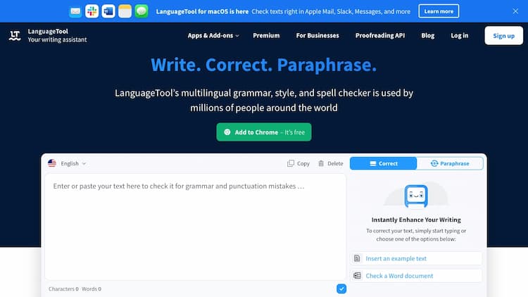 LanguageTool LanguageTool is a free grammar checker and paraphraser for English, Spanish, and 30 other languages. Instantly check your text for grammar and style mistakes.