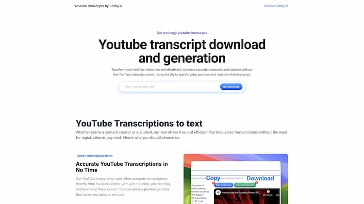 Youtube transcripts by Editby.ai Effortlessly generate accurate transcripts and captions for your YouTube videos. Ideal for students, researchers, content creators, and SEO professionals.