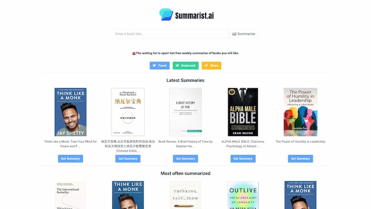 Summarist.ai Summarist.ai is an AI-powered book summary generator. Enter a book title and get a summary in less than 30 seconds.