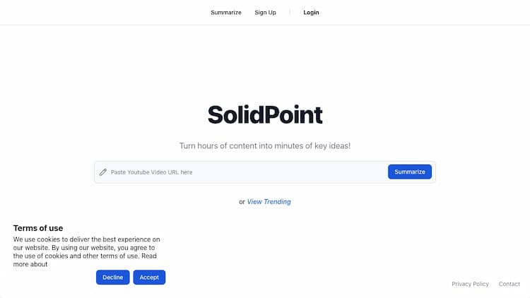 SolidPoint SolidPoint helps you save time by quickly condensing long videos into concise and informative summaries. With the click of a button, you can extract the key ideas and stay focused on the most important points