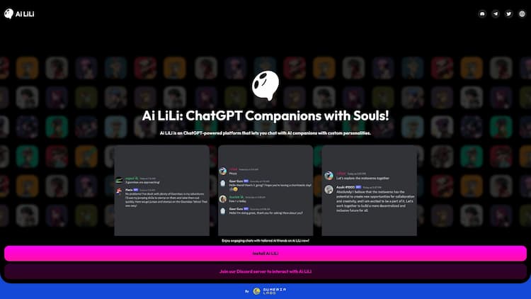 Ai LiLi Ai LiLi is an NFT chatbot that gives personalities to your NFTs and allows you to talk with them via Discord. You can also create new NFTs with custom personalities, or invite your friends and a bunch of NFTs into the same group chat for a shared experience.