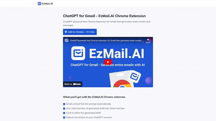 EzMail.AI ChatGPT-powered free Chrome Extension for Gmail that generates entire emails and messages.