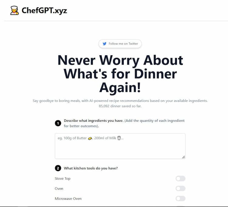 ChefGPT This product description highlights the use of artificial intelligence to provide personalized recipe suggestions by considering different inputs.