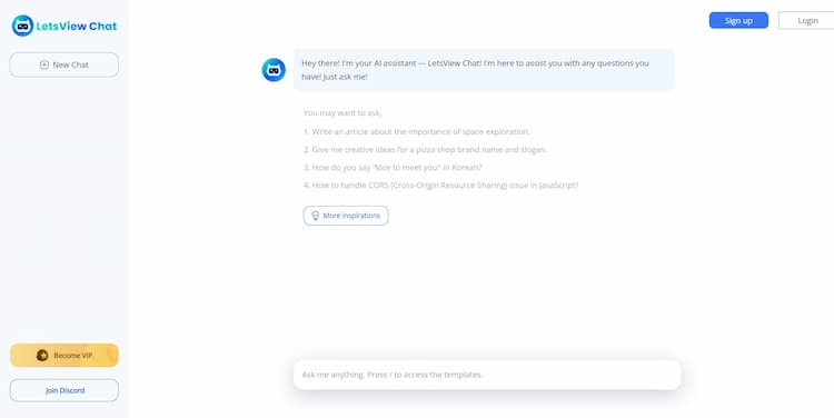 LetsView Chat The LetsView Chat is an AI-based tool that enables users to engage in conversations with an AI assistant, providing them with the ability to obtain answers to a wide range of inquiries.