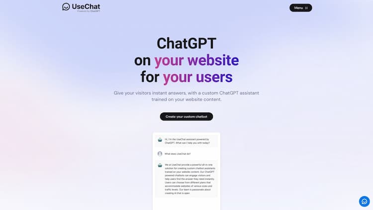 UseChat Create a custom trained ChatGPT chatbot for your website content and give your customers instant customer support.