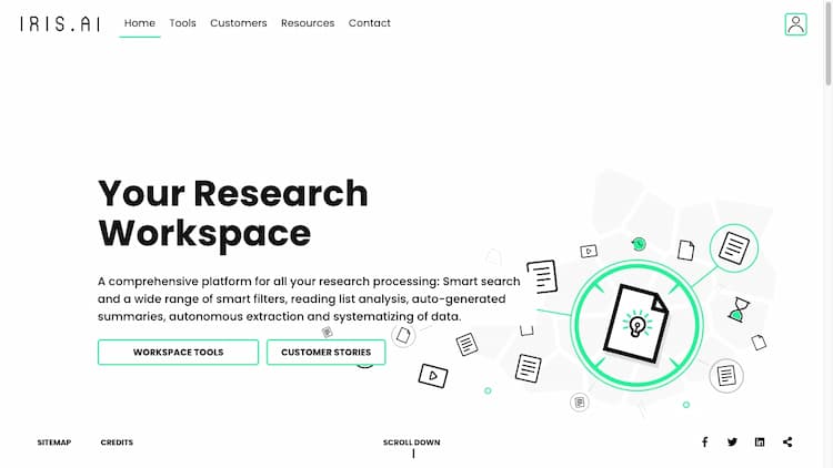 Iris.ai A comprehensive platform for all your research processing: Smart search and a wide range of smart filters, reading list analysis, auto-generated summaries, autonomous extraction and systematizing of data.