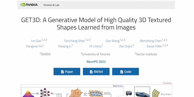 GET3D (Nvidia) Create visually appealing 3D shapes with textures using images through a generative process.