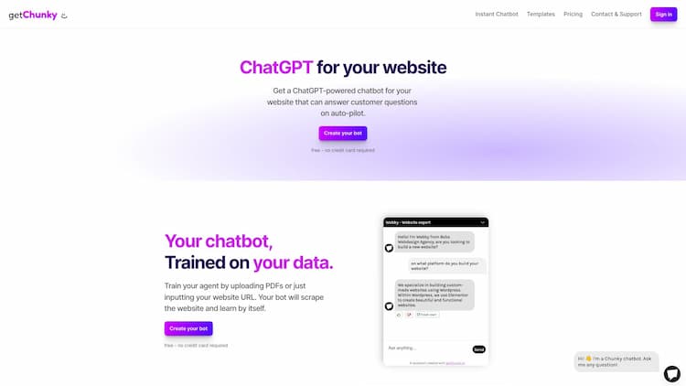Chunky Create AI chatbots that feel human. Train them on your own data and get a super-smart chatbot. No code needed.