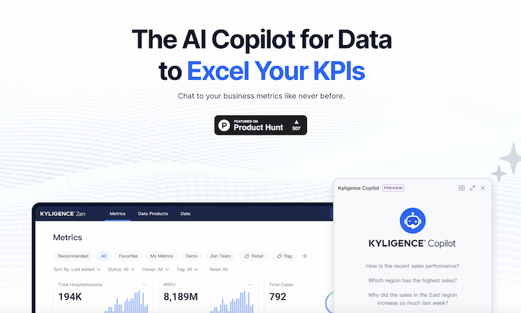 Kyligence Copilot Kyligence Zen's AI-powered self-service analytics gives you an AI copilot for your data and metrics. Discover new insights and improve decision-making. Try it today!