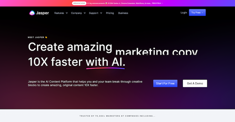 Jasper Increase your content creation speed by tenfold using an AI-driven copywriting tool.