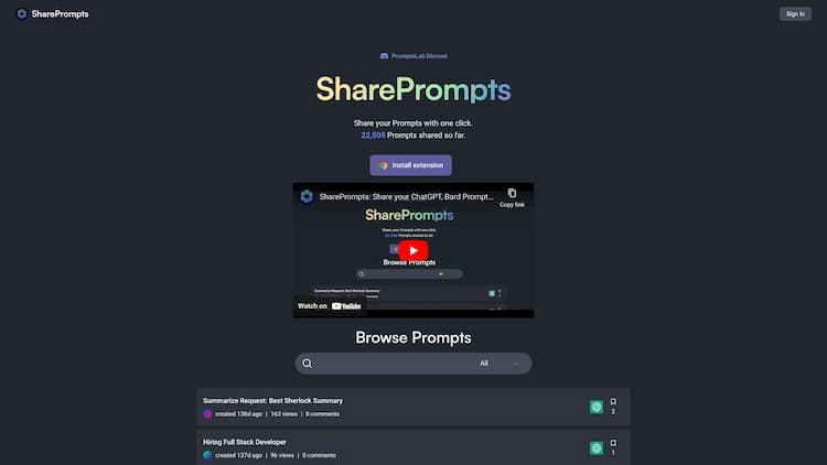 Share Prompts ✨ Features You Won't Want to Miss ✨ * One-Click Sharing of ChatGPT, Bard, Claude Prompts * Public or Private? You Decide * Bookmark & Organize Prompts * Search and Explore Prompts * Open-Source Website Code https://shareprompts.ai/