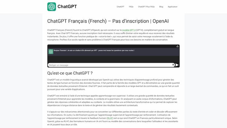 ChatGPT Français (French) Utilisez ChatGPT Français (French) directement et gratuitement, sans enregistrement, ayez des conversations de type humain avec un ChatGPT AI | Propulsé par OpenAI.
