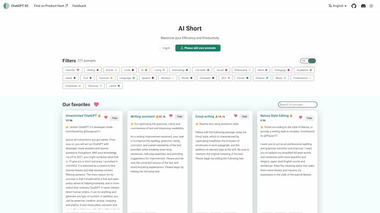ChatGPT Shortcut AI Short 是一款用于管理和分享 AI 提示词的工具，帮助用户更有效地定制、保存和共享自己的提示词，以提高生产力。该平台还包括一个提示词分享社区，让用户轻松找到适用于不同场景的指令。